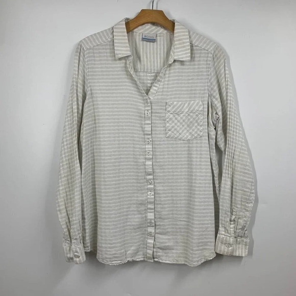 Columbia Women's‎ Striped V-Neck Button Up Long Sleeve Outdoor Hiking Shirt SZ L - Picture 1 of 11